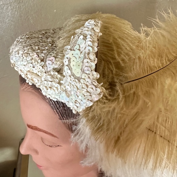 FANCY 1950s\' MOTHER OF PEARL SEQUIN COCKTAIL HAT + OSTRICH FEATHERS main image 4
